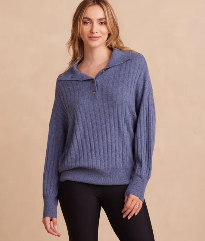 The Coziest Cashmere Blend Ribbed Half-Button Sweater - Steel sold by Summersalt