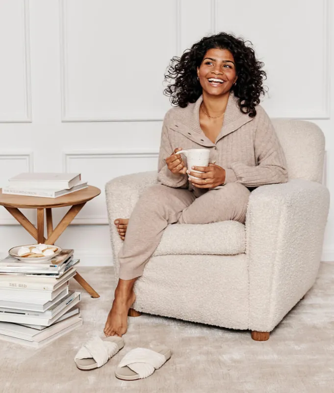 The Coziest Cashmere Blend Ribbed Half-Button Sweater - Toffee sold by Summersalt