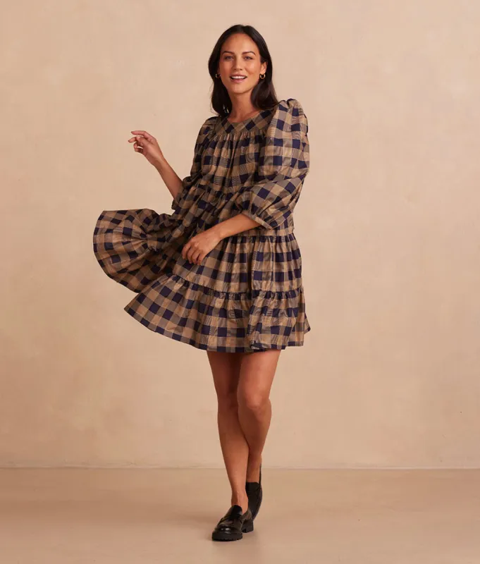 The Tiered Mini Dress - Buffalo Check in Midnight & Toffee sold by Summersalt