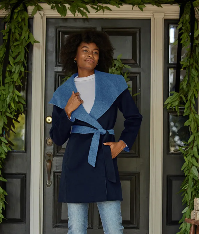 The Warmest Wool Wrap Coat - Midnight & Slate sold by Summersalt