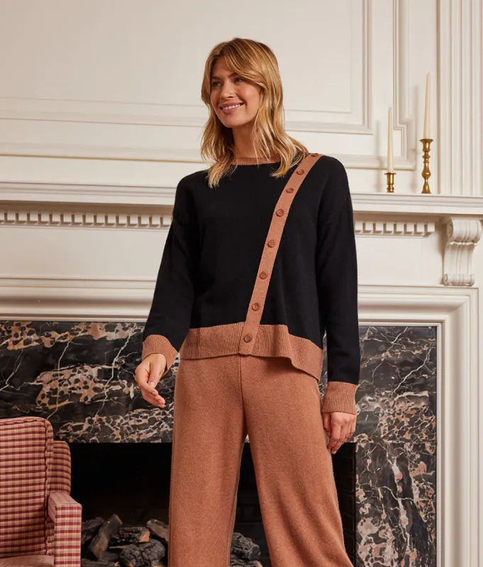 The Luxe Cashmere Blend Button Crewneck - Sea Urchin & Praline sold by Summersalt
