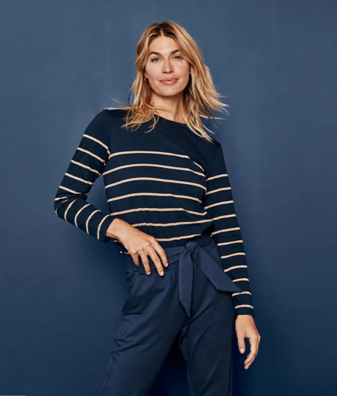 The Luxe Pima Long Sleeve Tee - Midnight & Toffee Stripe made by Summersalt