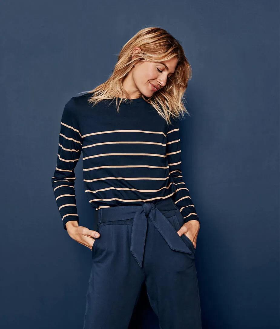 The Luxe Pima Long Sleeve Tee - Midnight & Toffee Stripe sold by Summersalt product image thumbnail 2