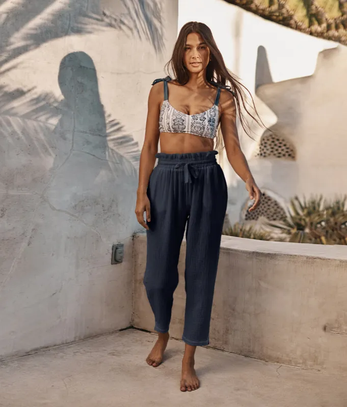 The Going Places Gauze Drawstring Pant - Midnight sold by Summersalt