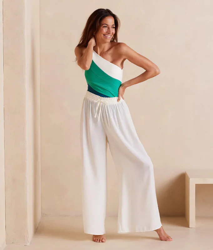 The Palazzo Pant With Ties - White Sand sold by Summersalt