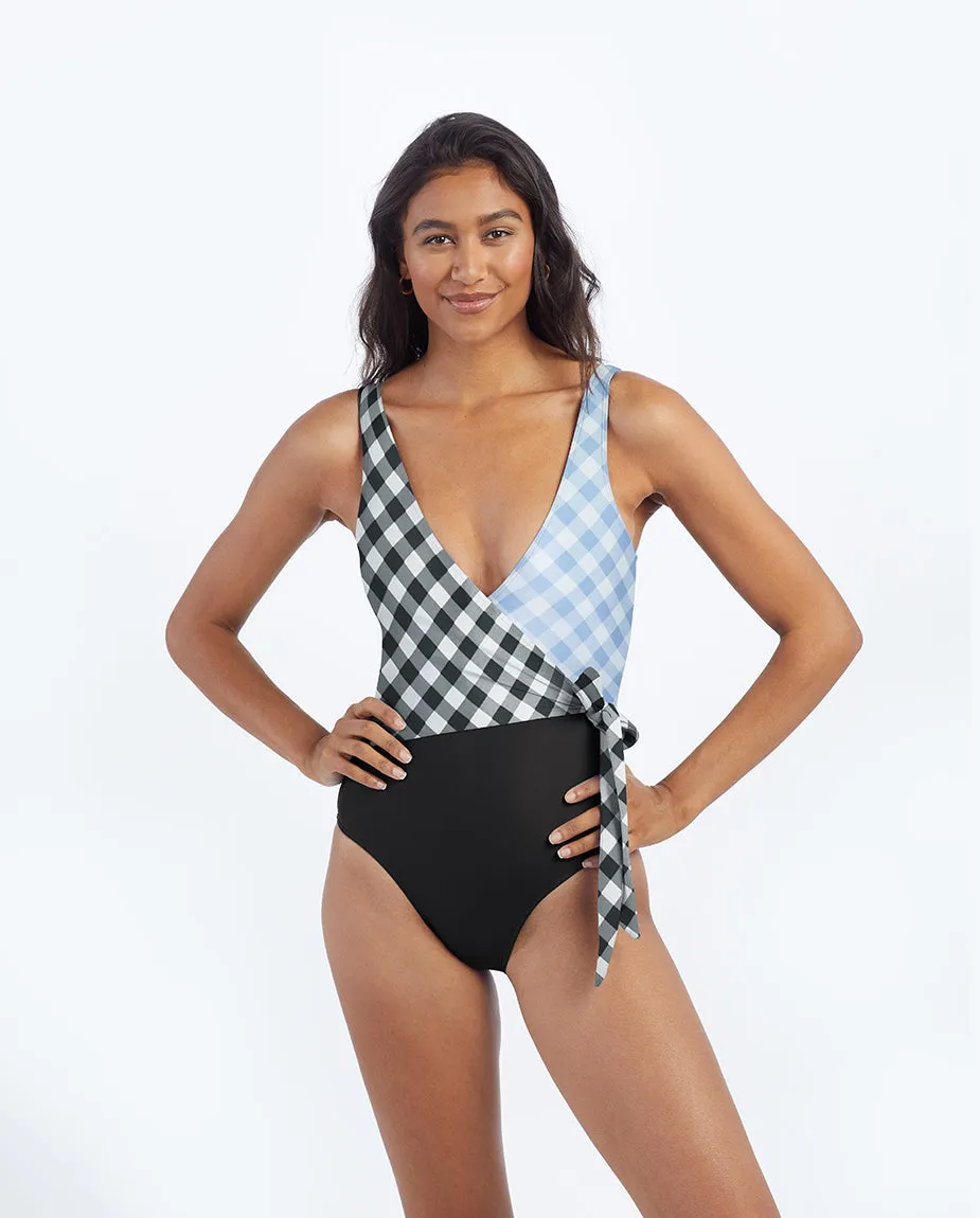 The Perfect Wrap One-Piece - Gingham in Sea Urchin & Cloud sold by Summersalt