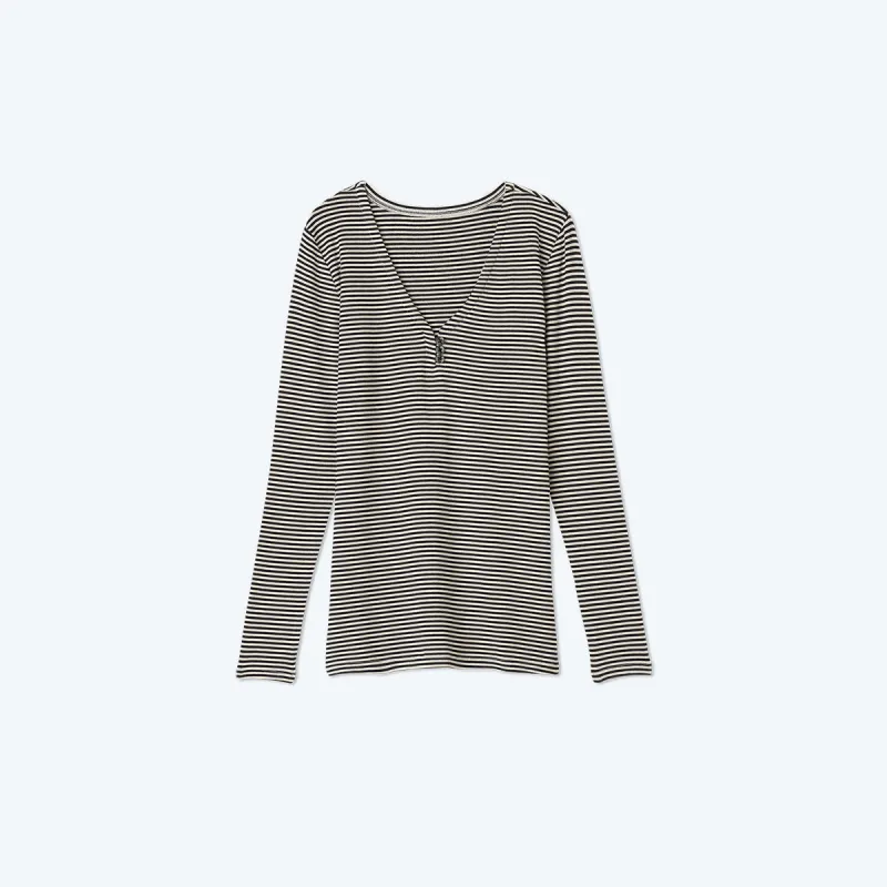 The Softest Ribbed Long Sleeve Henley - Sea Urchin & Oatmeal Stripe sold by Summersalt