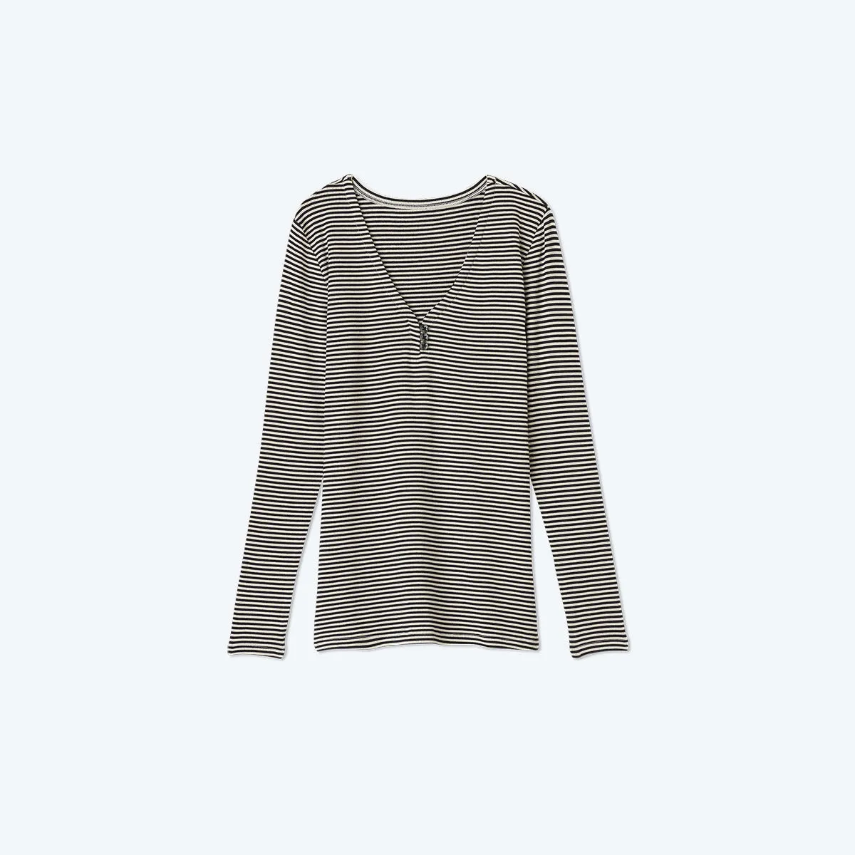 The Softest Ribbed Long Sleeve Henley - Sea Urchin & Oatmeal Stripe sold by Summersalt