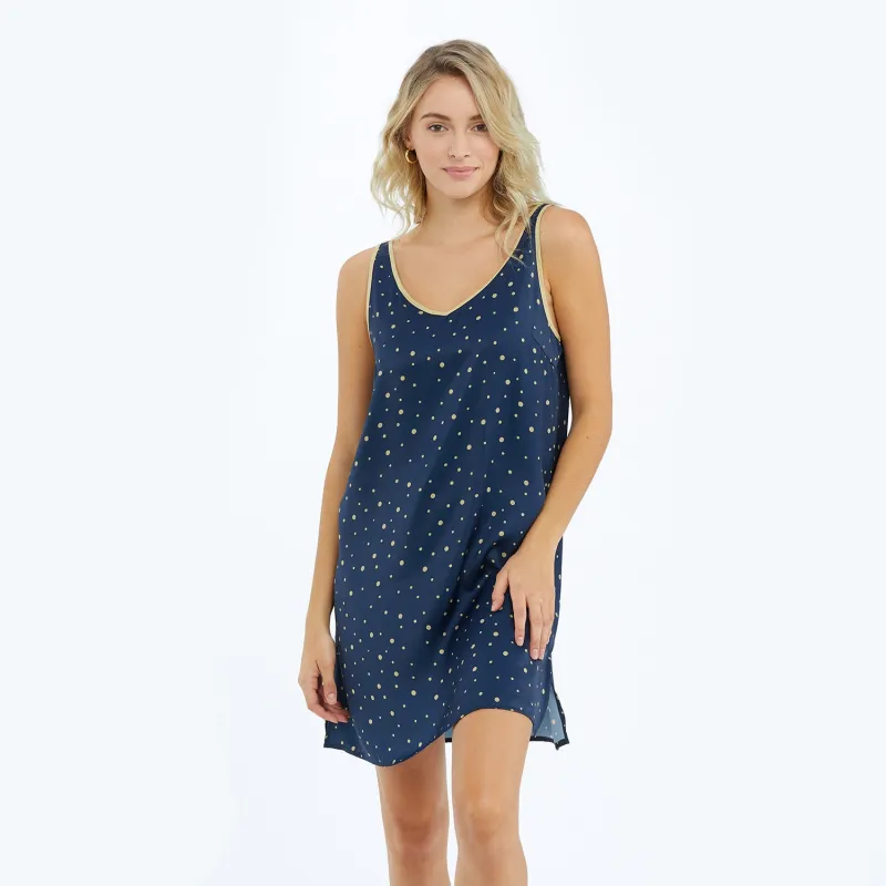 The Cloud 9 Silky Slip Dress - Celestial Dot in Deep Sea & Gold sold by Summersalt