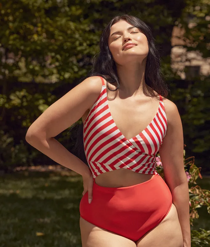 The Sea Breeze Cutout One-Piece - Mixed Stripe in Grapefruit & White Sand sold by Summersalt
