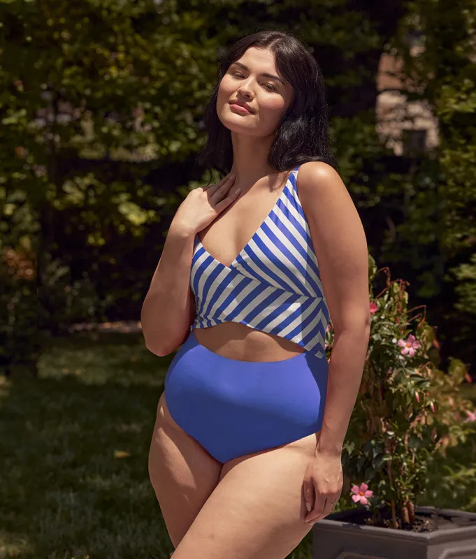 The Sea Breeze Cutout One-Piece - Mixed Stripe in Hydrangea & White Sand sold by Summersalt