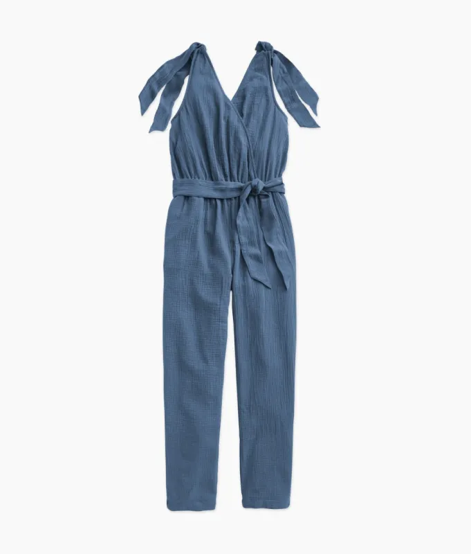 The Going Places Gauze Tie-Shoulder Jumpsuit - Cyprus Blue sold by Summersalt