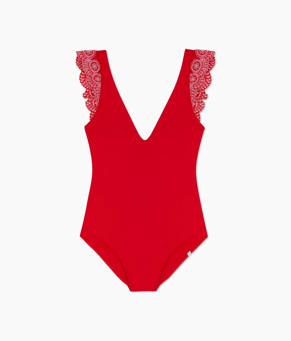 The Eyelet Ruffle Backflip - Lava sold by Summersalt