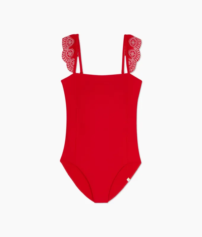 The Eyelet Ruffle Oasis - Lava sold by Summersalt