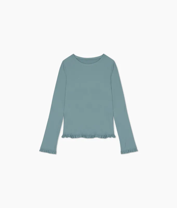 The Waterside Ruffle Rash Guard - Bluestone sold by Summersalt