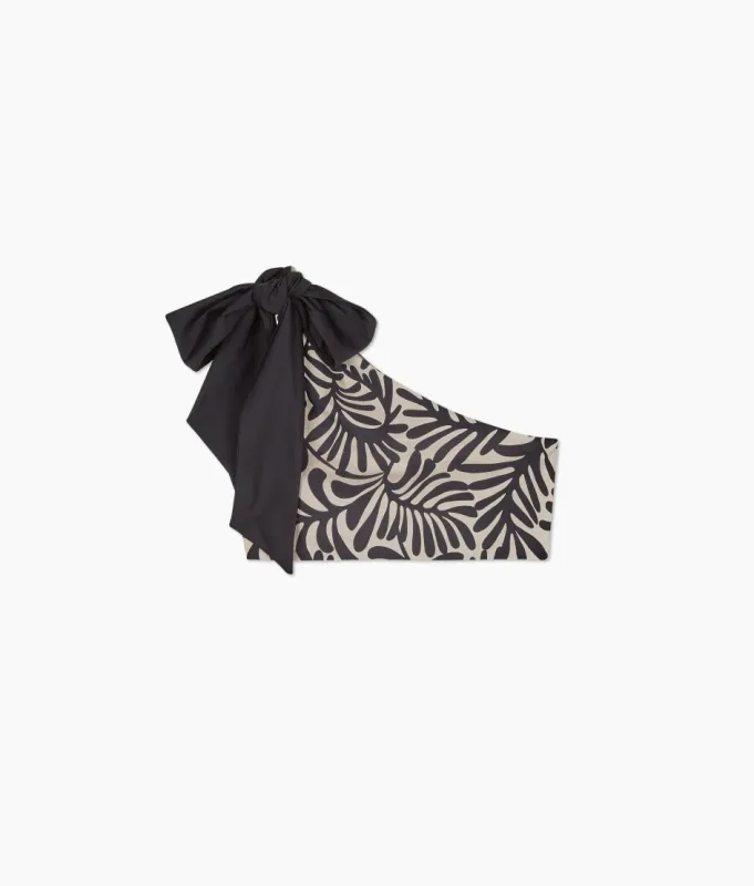 The Bow-Shoulder Ruched Sidestroke Bikini Top - Abstract Palm in Sea Urchin & White Sand sold by Summersalt