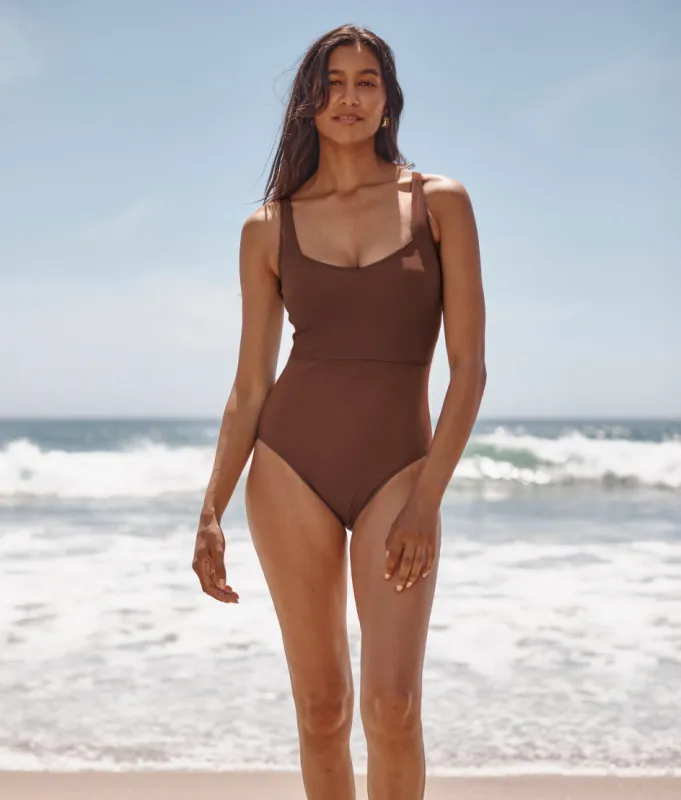 The Long Torso Seascape Sweetheart One Piece - Mocha sold by Summersalt