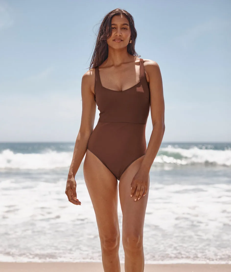 The Long Torso Seascape Sweetheart One Piece - Mocha sold by Summersalt