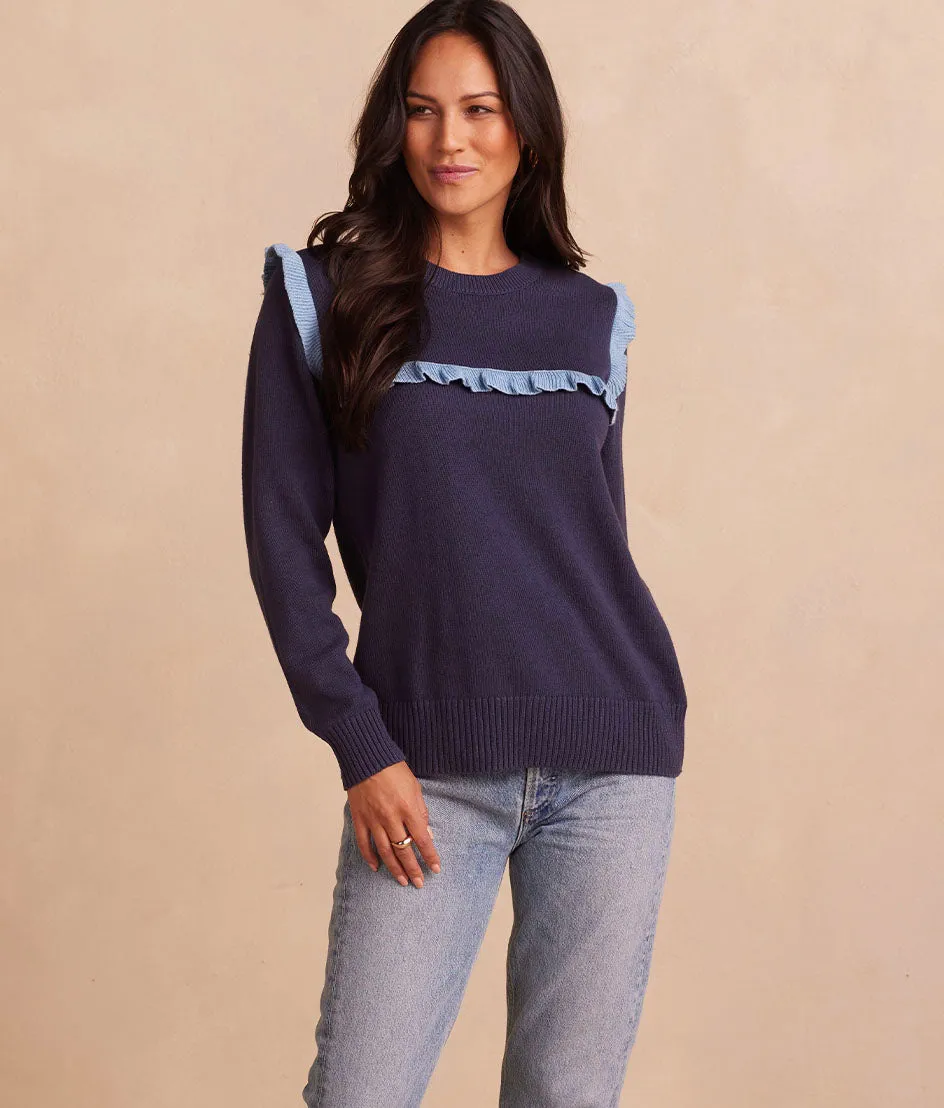 The Year-Round Crewneck Ruffle Sweater - Deep Sea sold by Summersalt