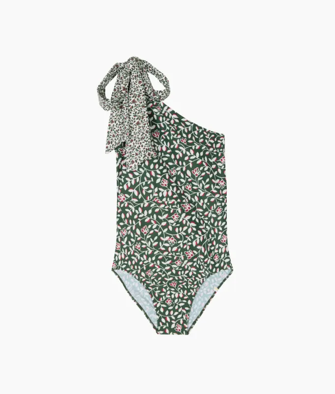 The Bow-Shoulder Ruched Sidestroke - Twilight Floral in Olive sold by Summersalt