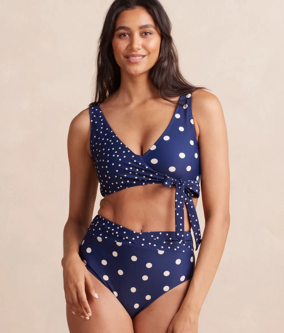 The Wrap High Leg High Rise Bikini Bottom - Nautical Sky & Coastal Dot sold by Summersalt