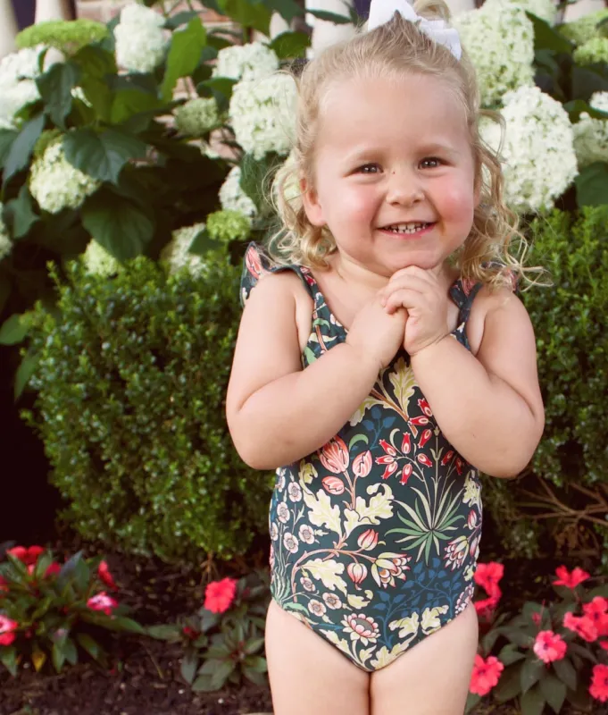The Girls' Ruffle One Piece - Hyacinth in Sunburst & Teal made by Summersalt