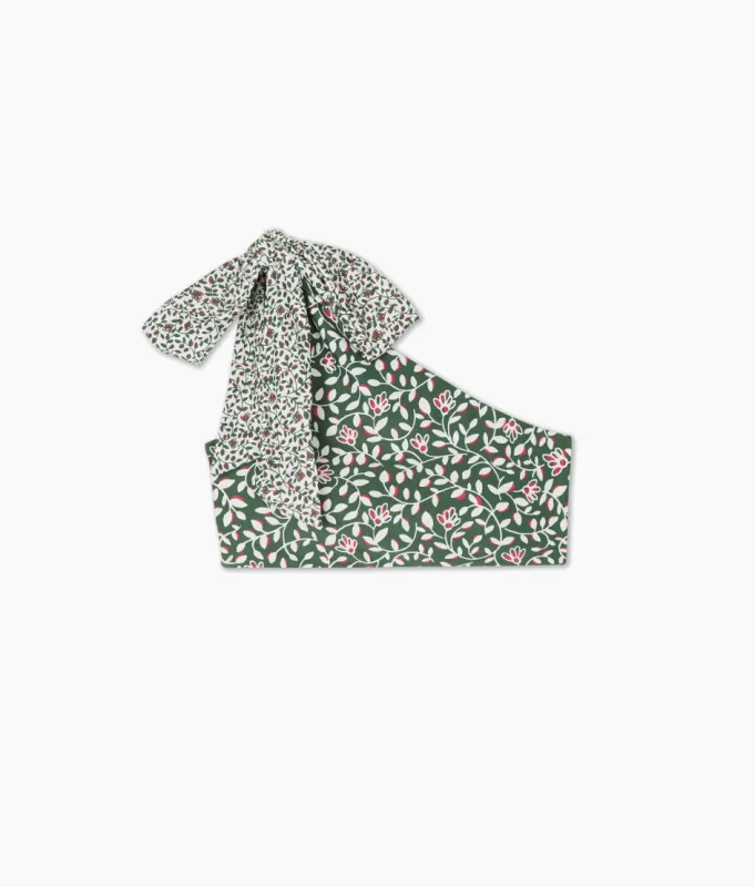 The Bow-Shoulder Ruched Sidestroke Bikini Top - Twilight Floral in Olive sold by Summersalt