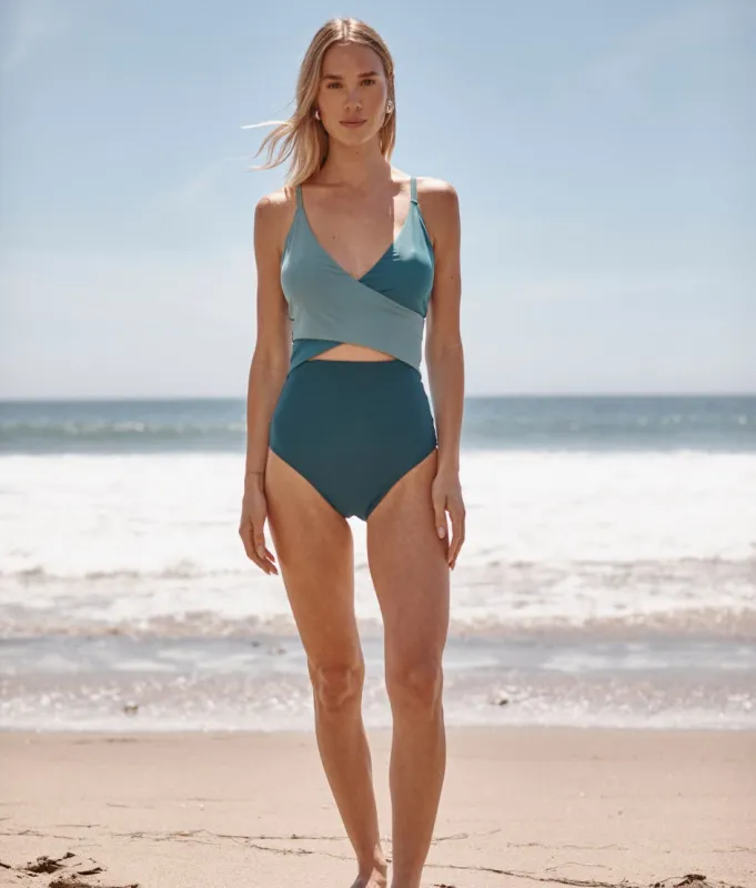 The Long Torso Sea Breeze Cutout One-Piece - Seaweed & Bluestone & Mist sold by Summersalt