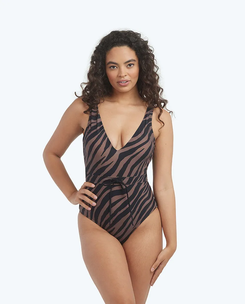The Tie Waist Backflip - Modern Zebra in Chocolate & Sea Urchin sold by Summersalt product image thumbnail 4
