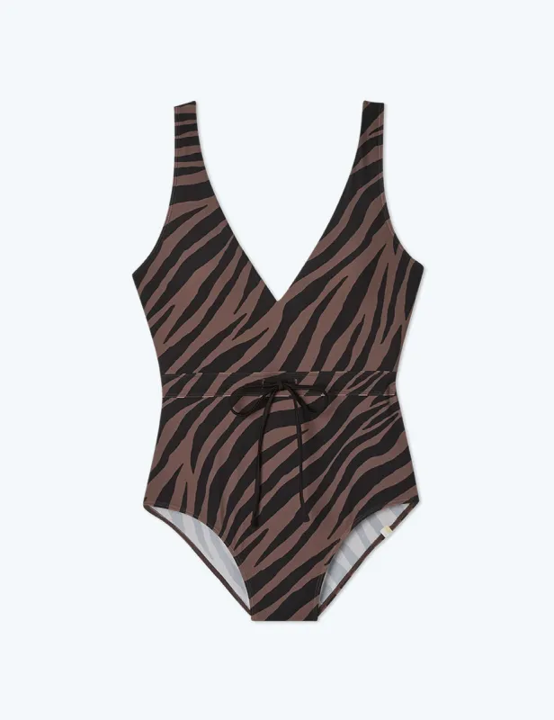 The Tie Waist Backflip - Modern Zebra in Chocolate & Sea Urchin sold by Summersalt
