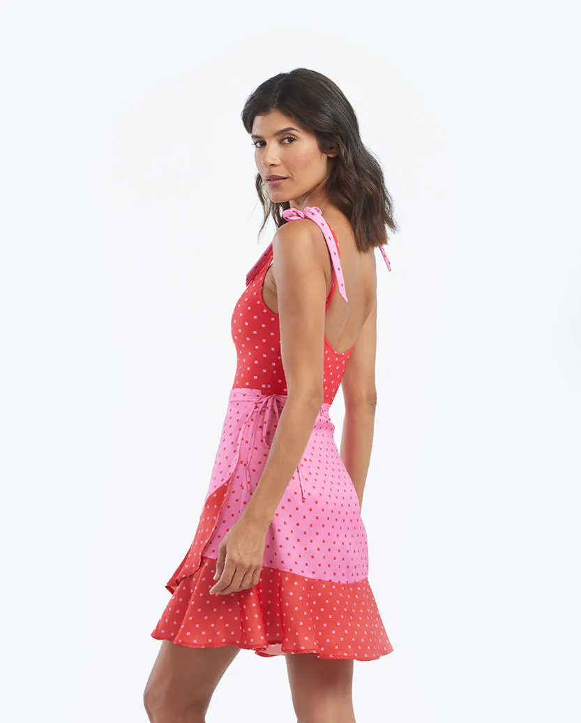 The Short Beach to Brunch Wrap Skirt - Square Dot in Flamingo & Hibiscus sold by Summersalt product image thumbnail 4