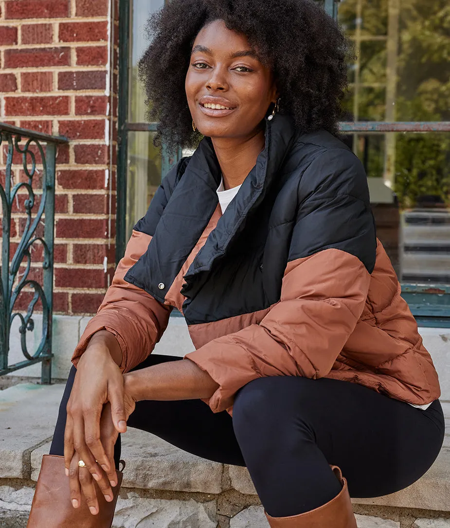 The Colorblock Eco Puffer Jacket - Sea Urchin & Praline sold by Summersalt