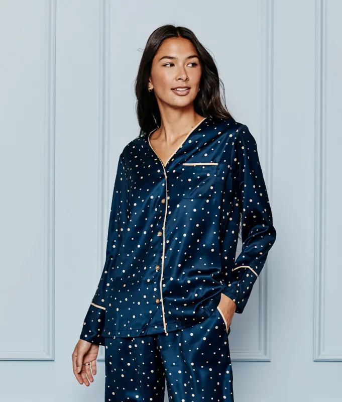 The Cloud 9 Silky Pajama Set - Celestial Dot in Deep Sea & Gold sold by Summersalt
