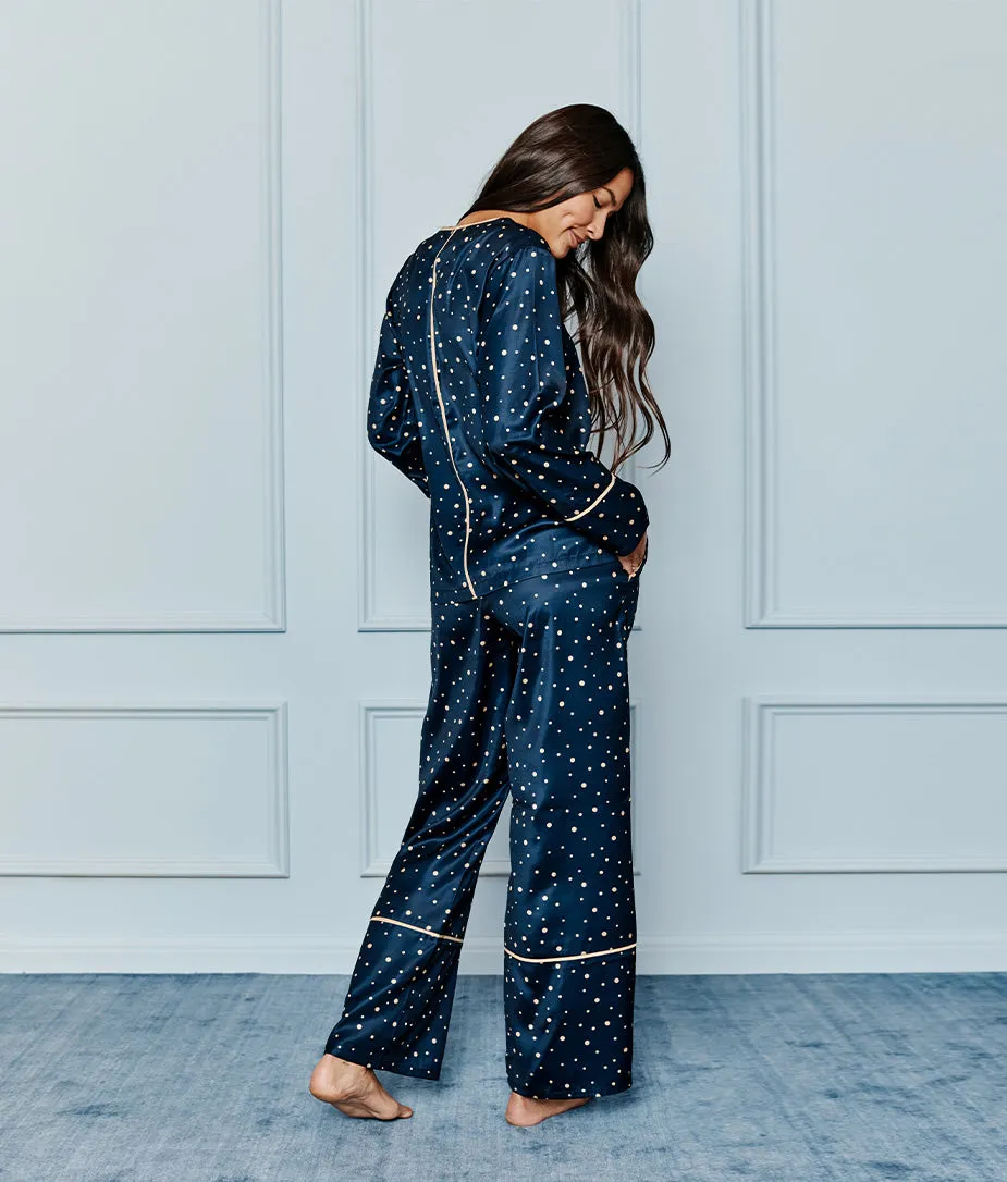 The Cloud 9 Silky Pajama Set - Celestial Dot in Deep Sea & Gold sold by Summersalt product image thumbnail 3