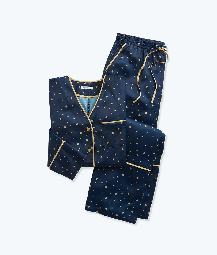 The Cloud 9 Silky Pajama Set - Celestial Dot in Deep Sea & Gold sold by Summersalt product image thumbnail 4