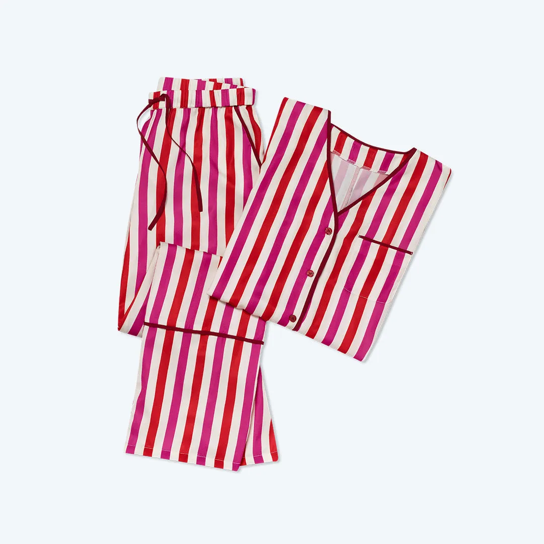 The Cloud 9 Silky Pajama Set - Classic Stripe in Lava & Hibiscus sold by Summersalt product image thumbnail 4