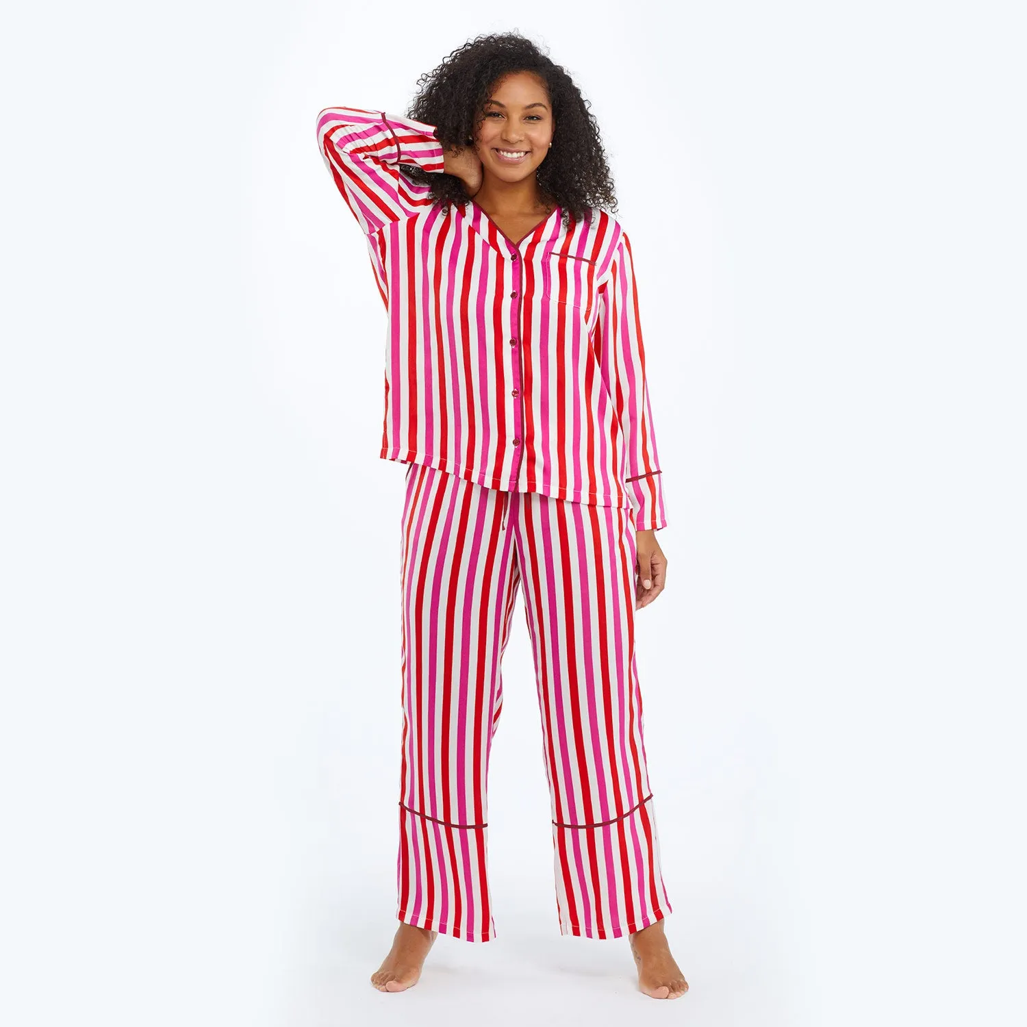 The Cloud 9 Silky Pajama Set - Classic Stripe in Lava & Hibiscus sold by Summersalt product image thumbnail 2