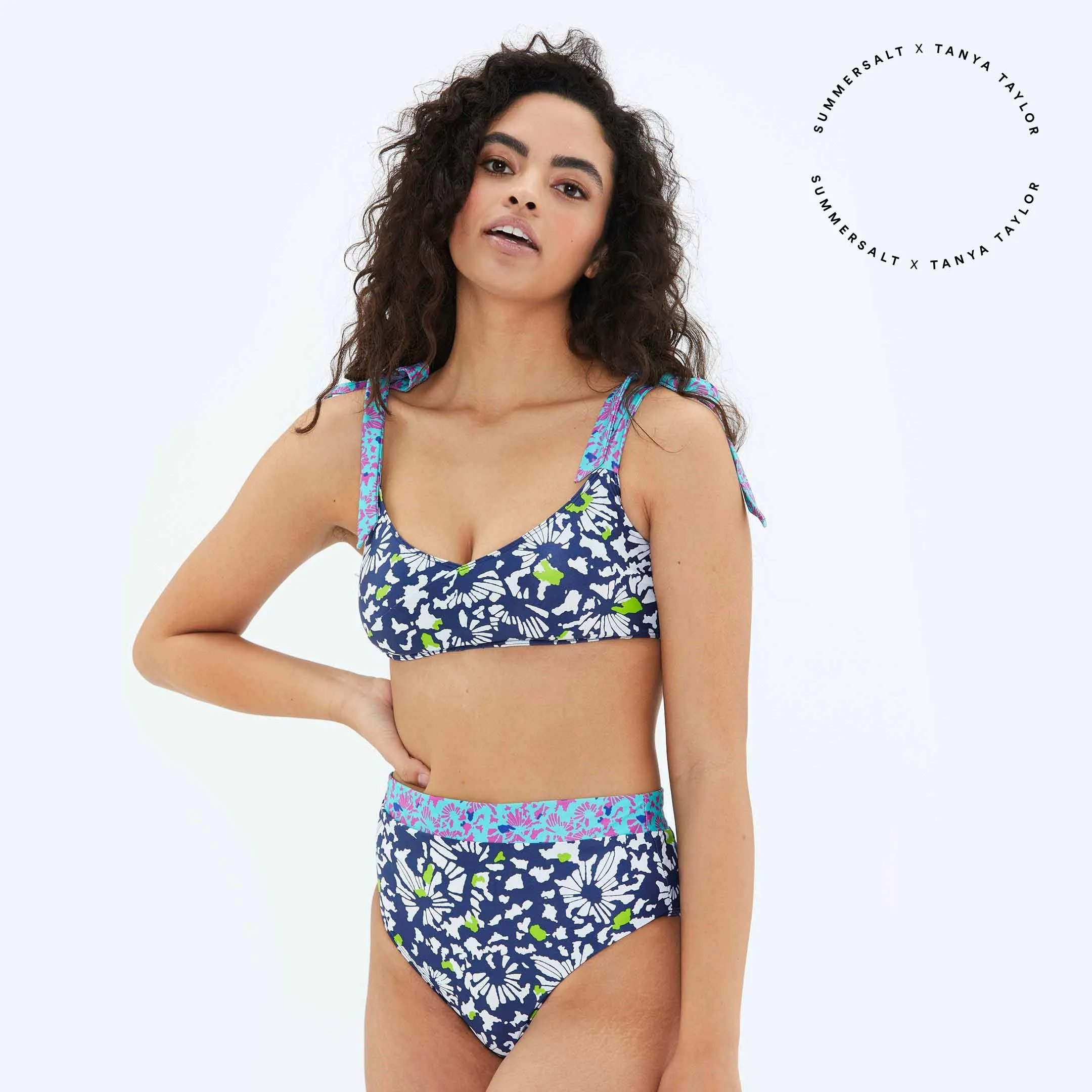 The High Leg High Rise Bottom- Blue Brushstroke sold by Summersalt