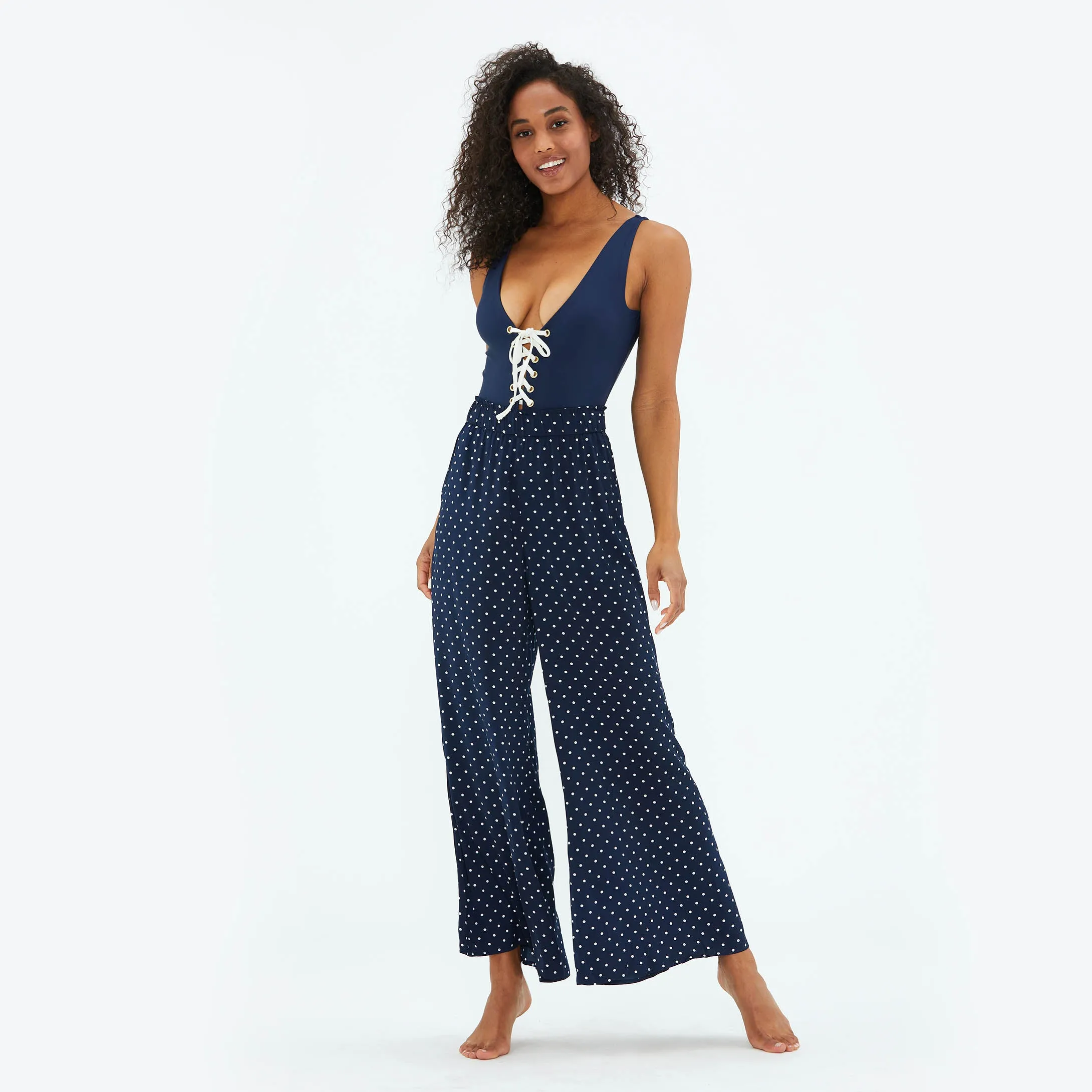 The Perfect Palazzo Pant - Deep Sea Dot sold by Summersalt