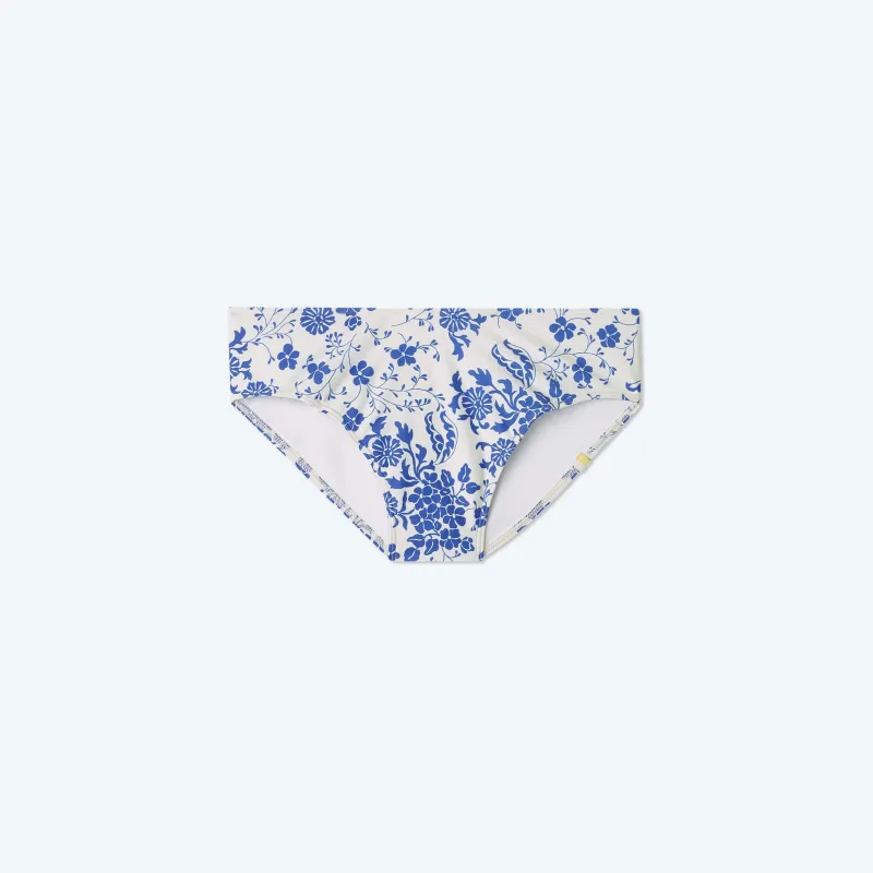 The High Leg Mid Rise Bikini Bottom - Vintage Floral in Hydrangea sold by Summersalt