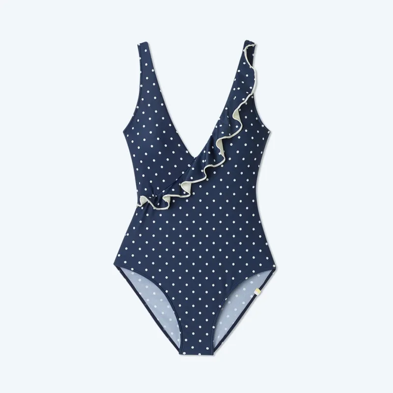 The Ruffle Wrap One-Piece - Deep Sea Dot sold by Summersalt