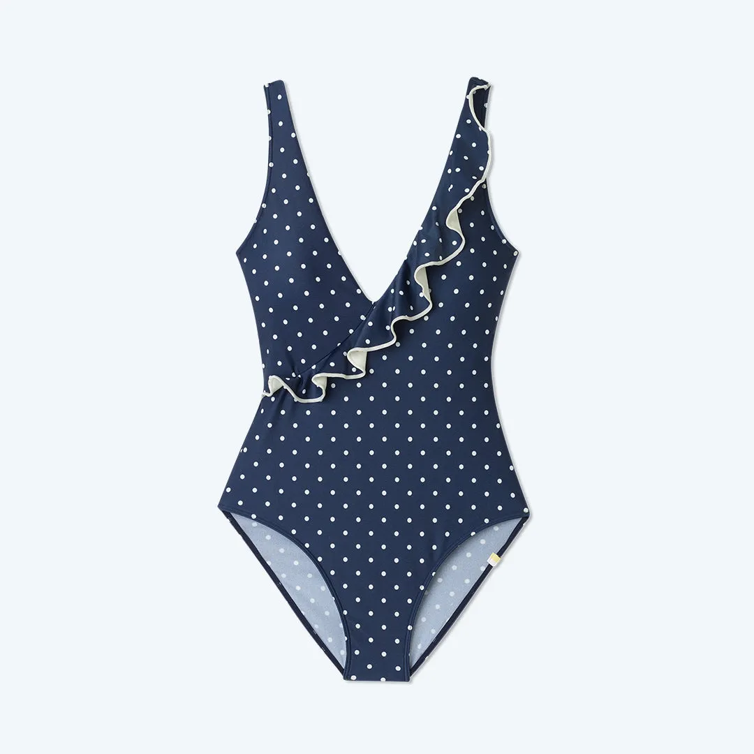 The Ruffle Wrap One-Piece - Deep Sea Dot sold by Summersalt