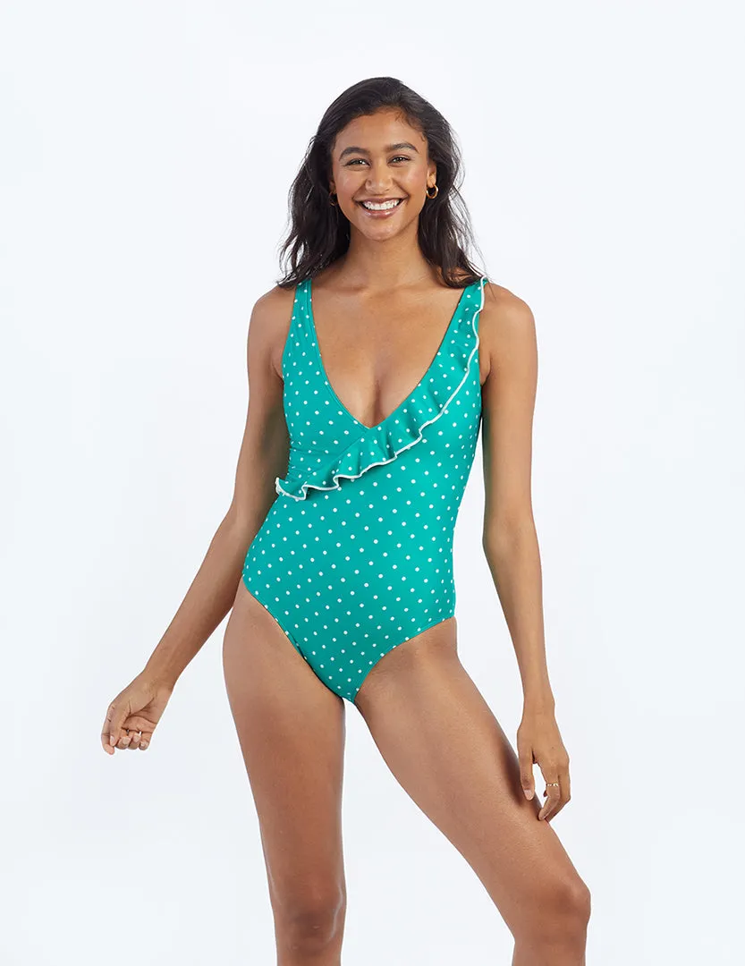 The Ruffle Wrap One-Piece - Seaglass Dot sold by Summersalt