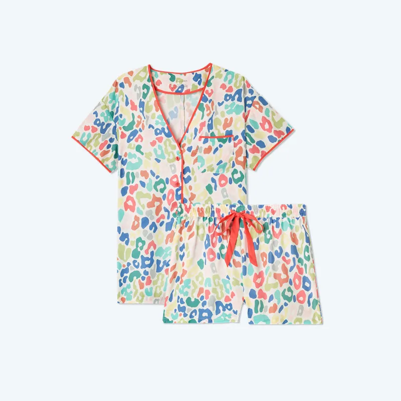 The Cloud 9 Silky Pajama Shorts Set - Rainbow Leopard sold by Summersalt