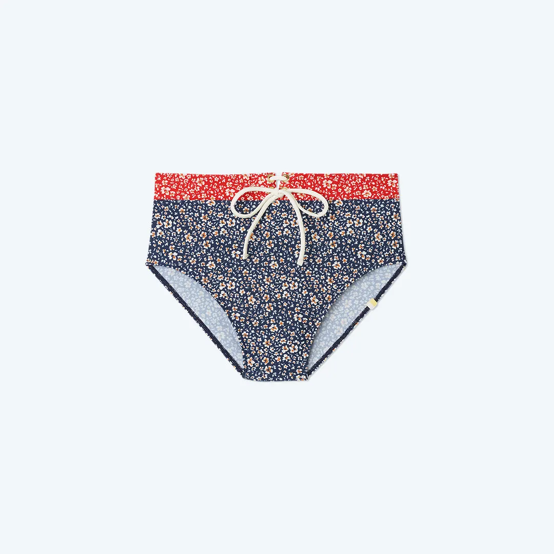 The Lace-Up High Leg High Rise Bikini Bottom - In Bloom in Deep Sea & Lava sold by Summersalt