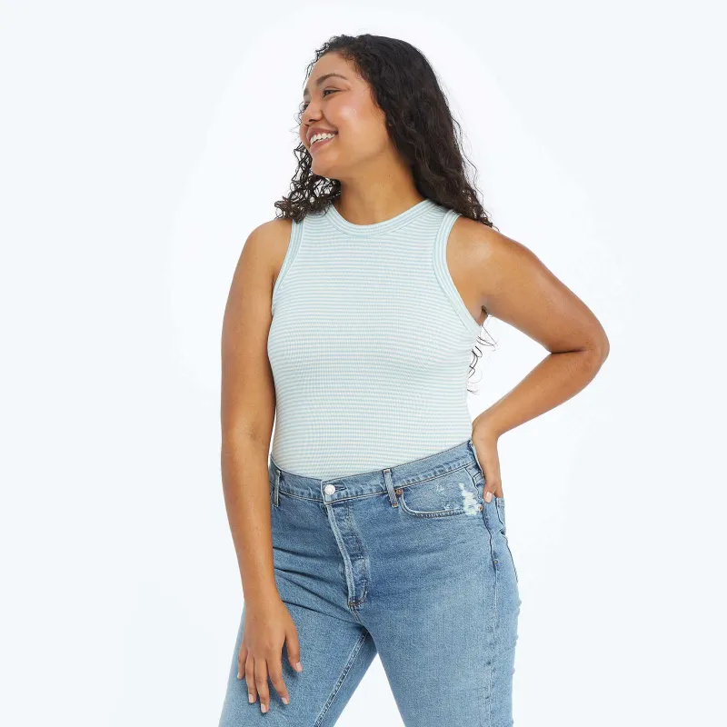 The Softest Ribbed Racerback Tank - Sage & White Sand Stripe sold by Summersalt