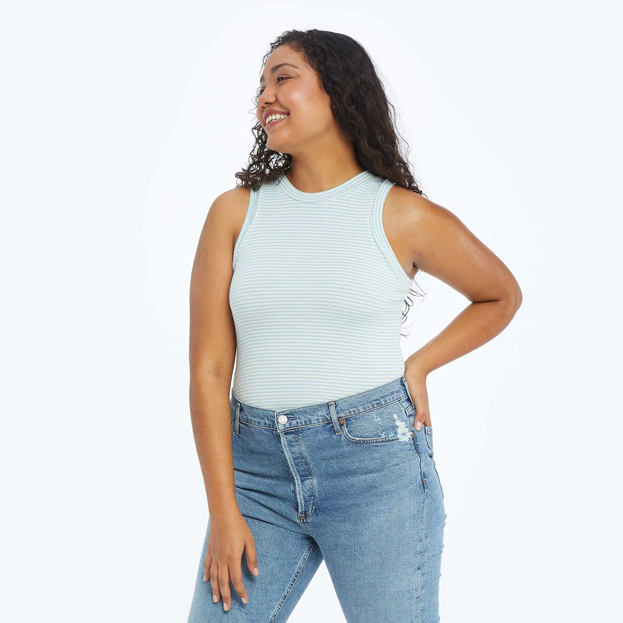 The Softest Ribbed Racerback Tank - Sage & White Sand Stripe sold by Summersalt