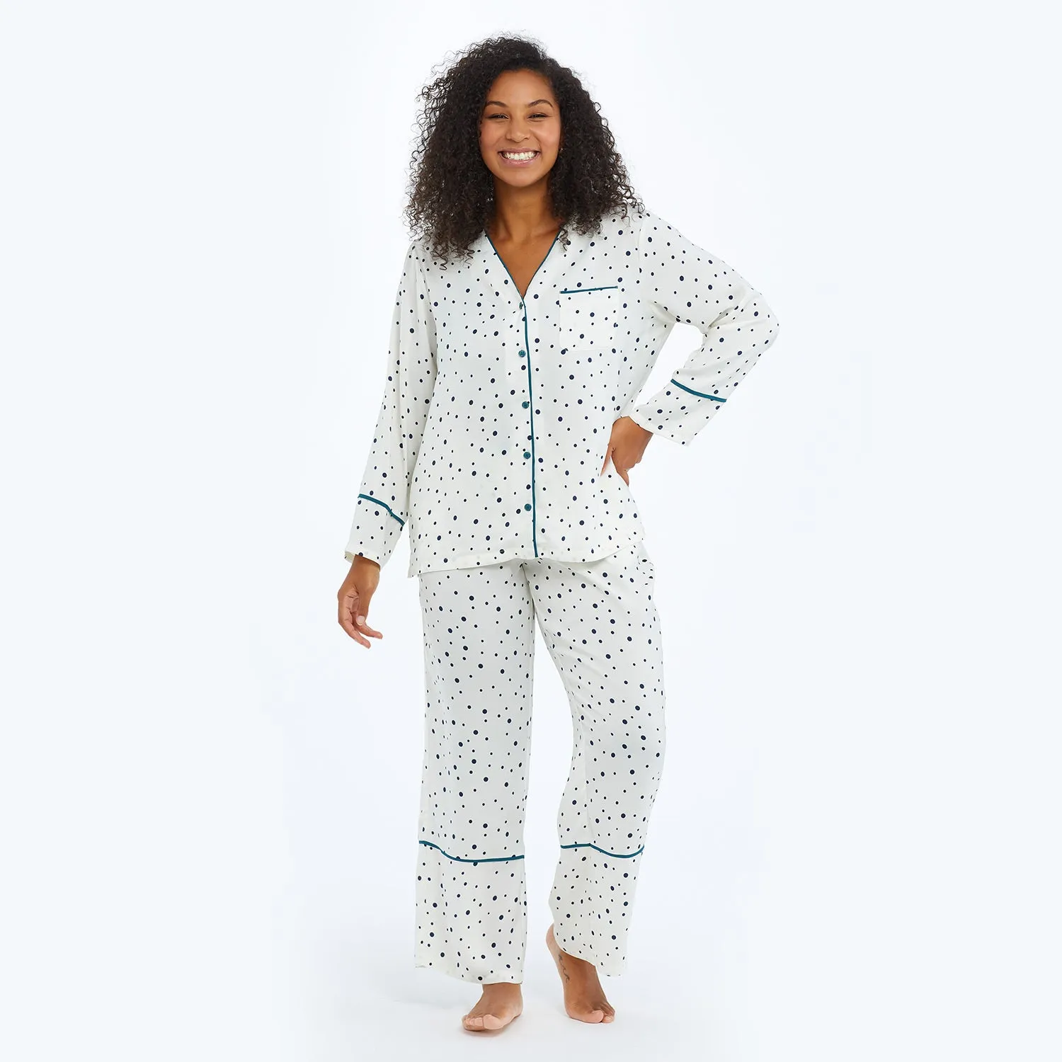 The Cloud 9 Silky Pajama Set - Celestial Dot in White Sand & Venetian sold by Summersalt product image thumbnail 2