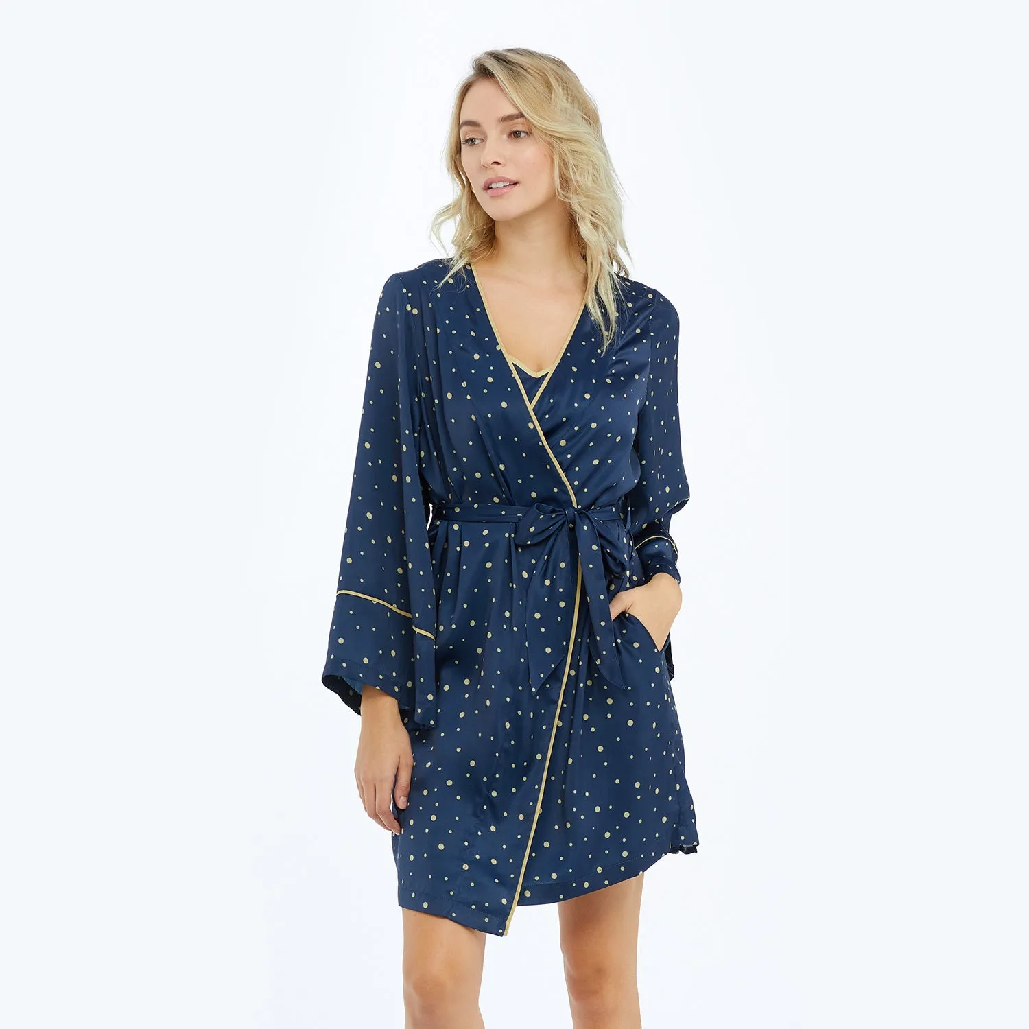 The Cloud 9 Silky Robe - Celestial Dot in Deep Sea & Gold sold by Summersalt