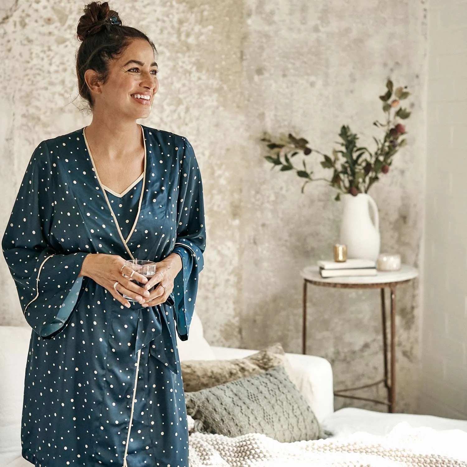 The Cloud 9 Silky Robe - Celestial Dot in Deep Sea & Gold sold by Summersalt product image thumbnail 4